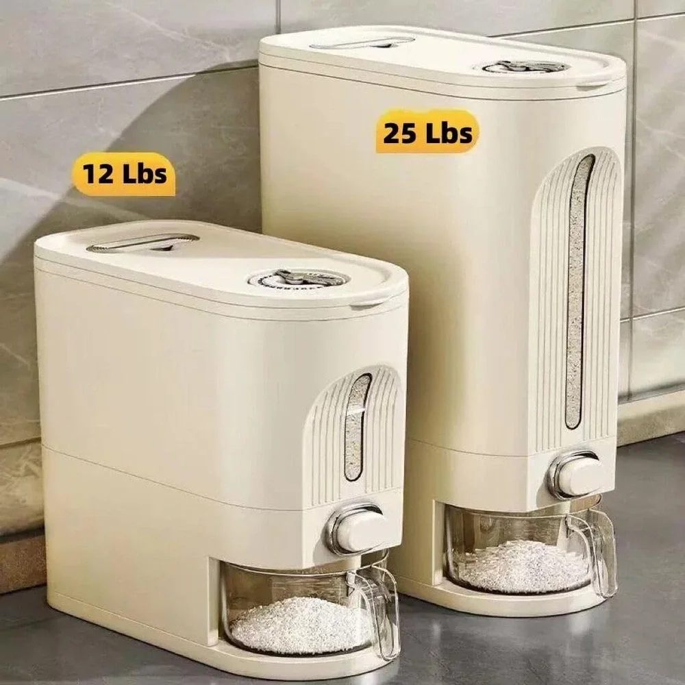IEEK Rice Dispenser Grain Container Storage Lid Measuring Cup White 12 LBs